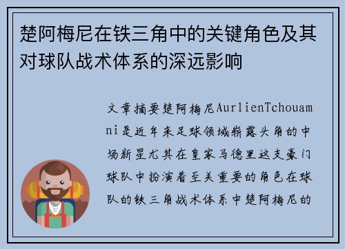 楚阿梅尼在铁三角中的关键角色及其对球队战术体系的深远影响